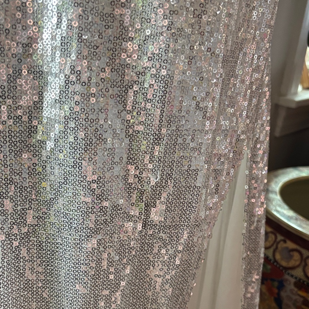 NWT PrettyLittleThing Silver Sequin Off-Shoulder Prom Dress - Picture 4 of 11